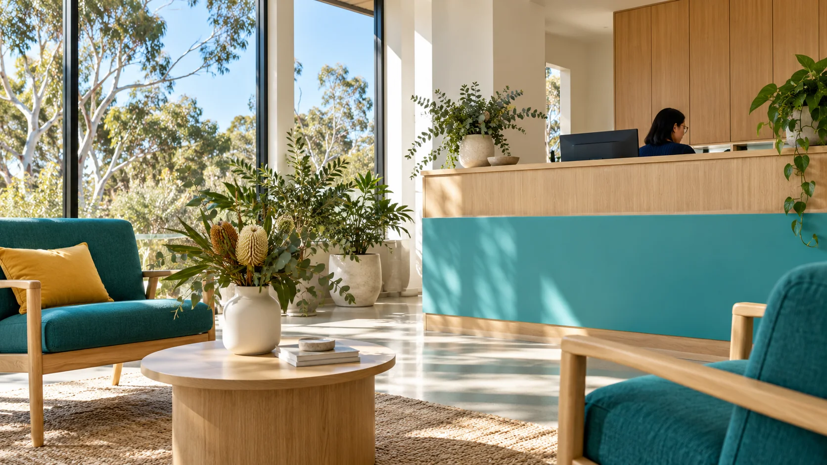 A sunlit clinic waiting room with oak joinery, a turquoise reception counter and teal armchairs, a receptionist at work behind the desk