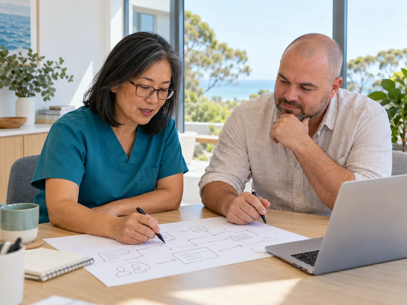 A clinician and a consultant reviewing a workflow map together at a laptop