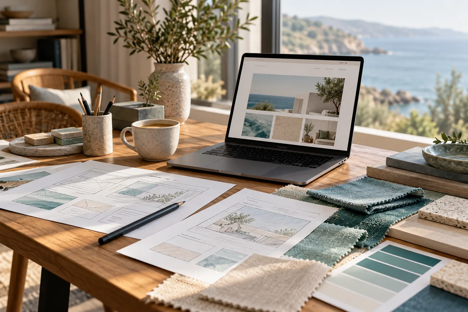 Website layouts, colour swatches and a laptop on a design studio table