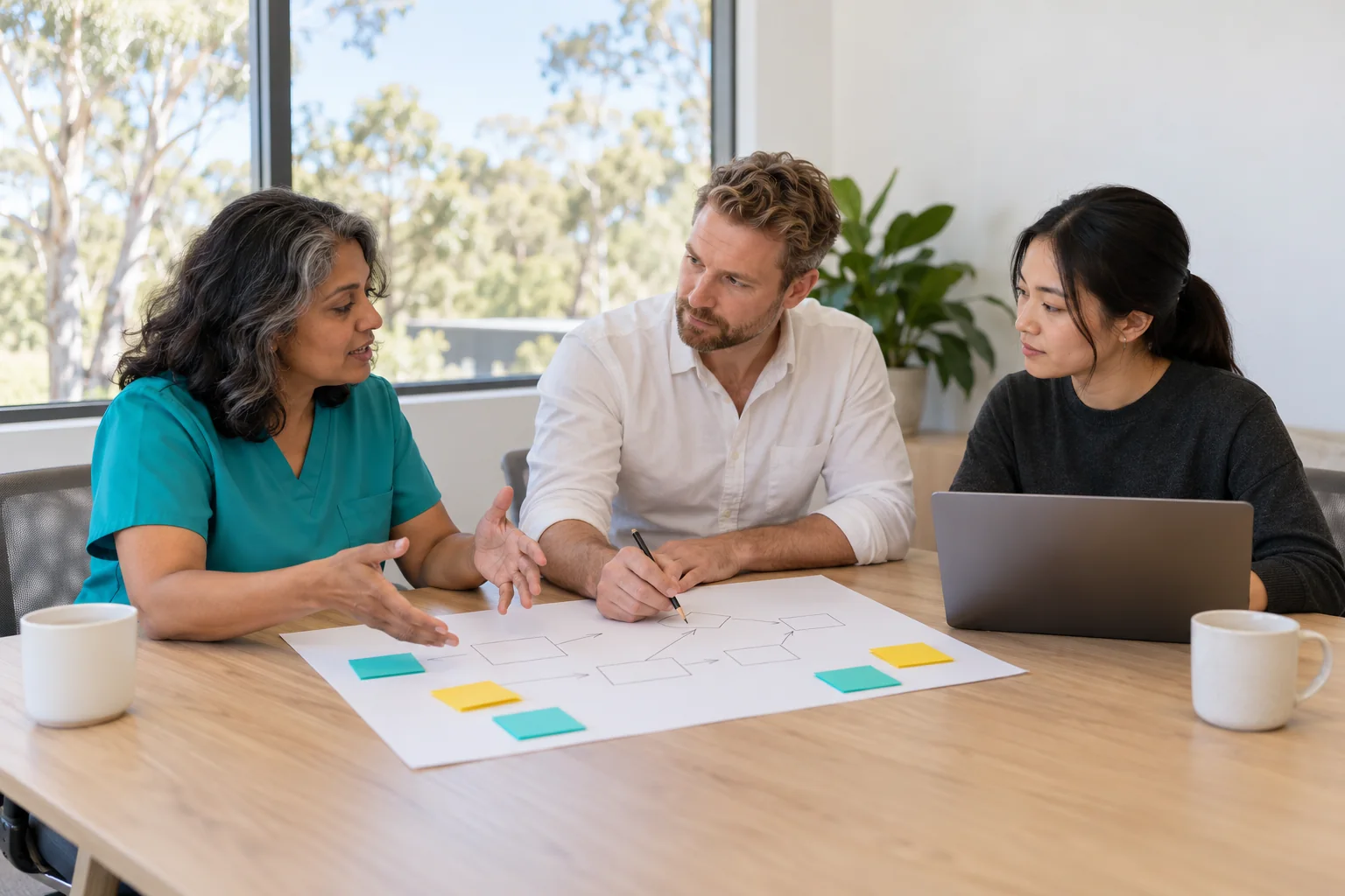 A clinic lead in turquoise scrubs mapping her team’s workflow with sticky notes alongside two consultants