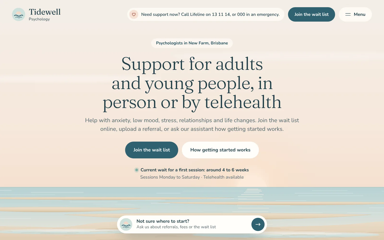 Home page of the Tidewell psychology concept site