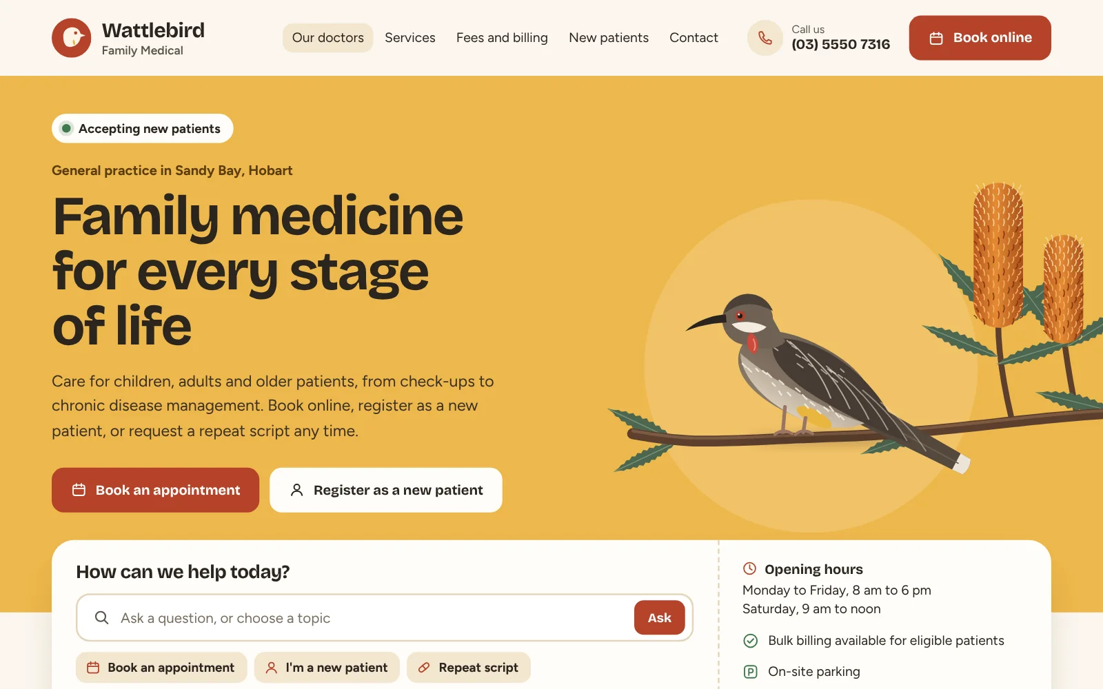 Home page of the Wattlebird Family Medical general practice concept site